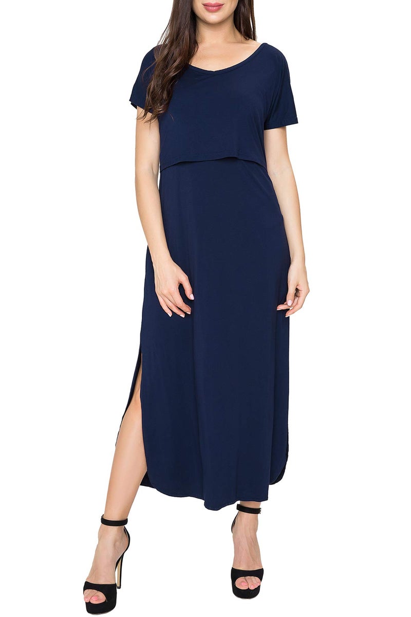 Smallshow Women's Maternity Nursing Dresses Split Long Dress for Breastfeeding Large Dark Blue - Image 2